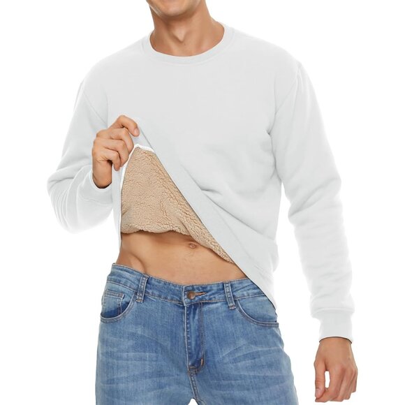 Mens Crewneck Sweatshirt Fleece Lined Warm White Outdoor Long Sleeve Pullover - Picture 3 of 6